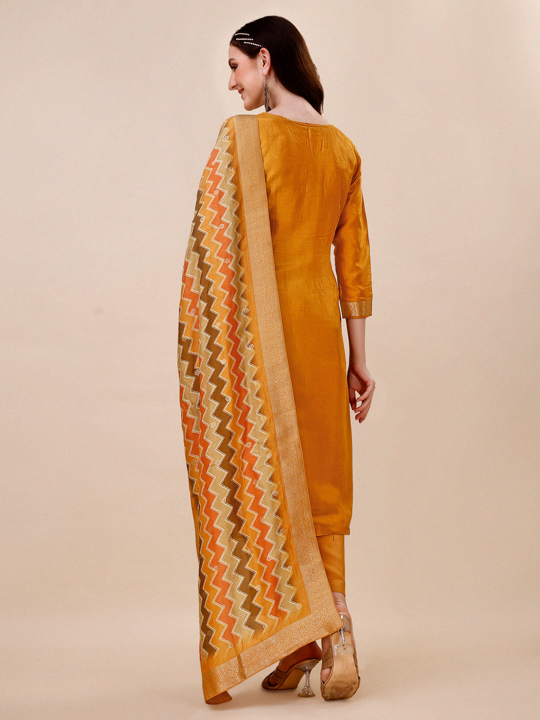 Mustard Jacquard Kurta Suit Set with Bandhani Printed Dupatta Product vendor