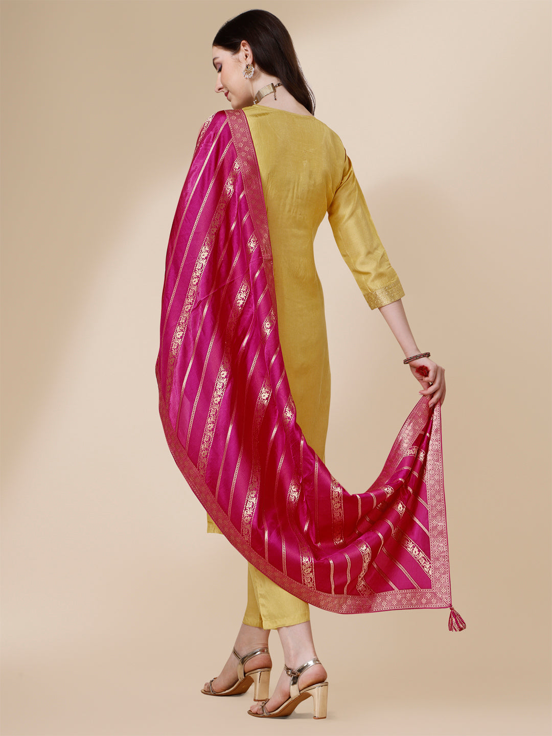 Yellow Jacquard Kurta Suit Set with Rangkat Dupatta Product vendor