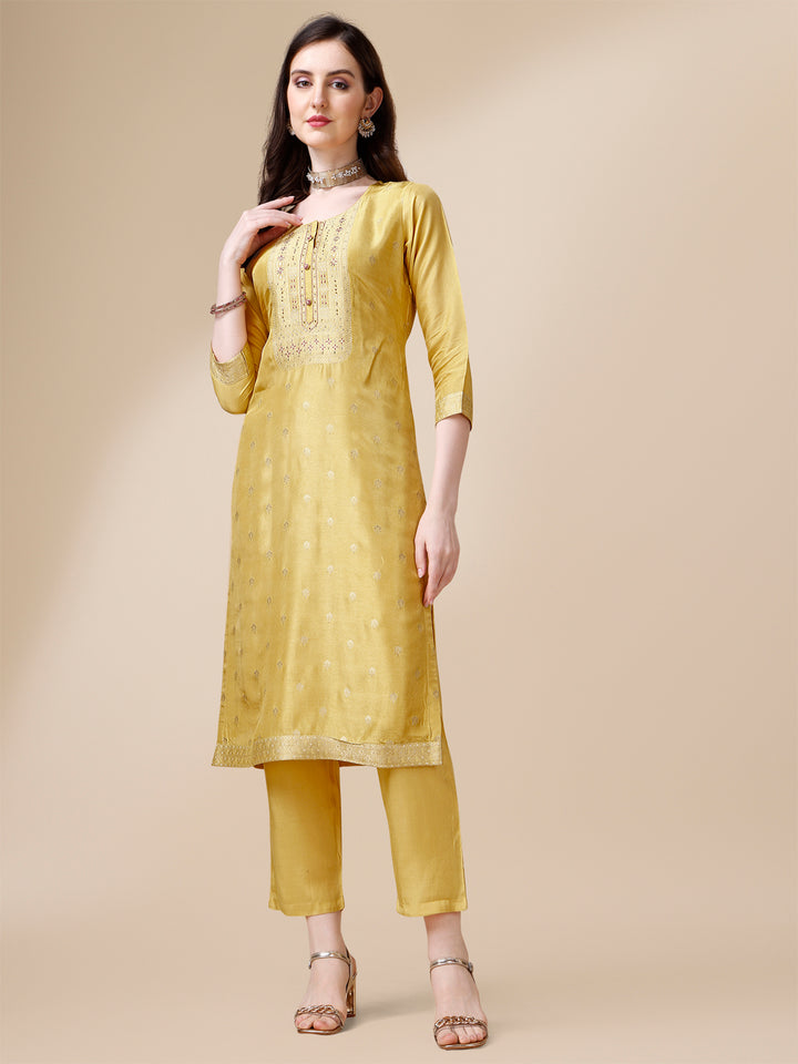 Yellow Jacquard Kurta Suit Set with Rangkat Dupatta Product vendor