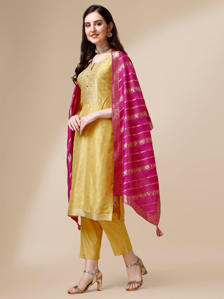 Yellow Jacquard Kurta Suit Set with Rangkat Dupatta Product vendor