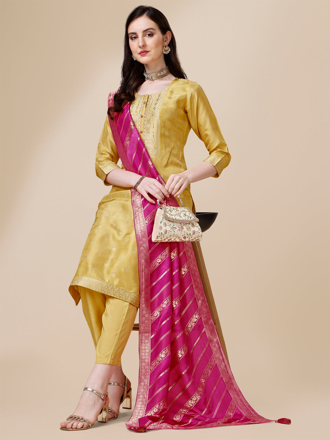 Yellow Jacquard Kurta Suit Set with Rangkat Dupatta Product vendor