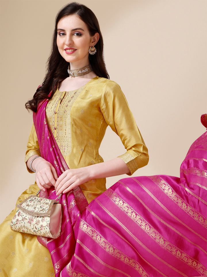 Yellow Jacquard Kurta Suit Set with Rangkat Dupatta Product vendor