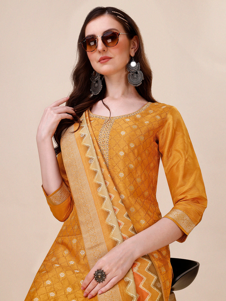 Mustard Jacquard Kurta Suit Set with Bandhani Printed Dupatta Product vendor