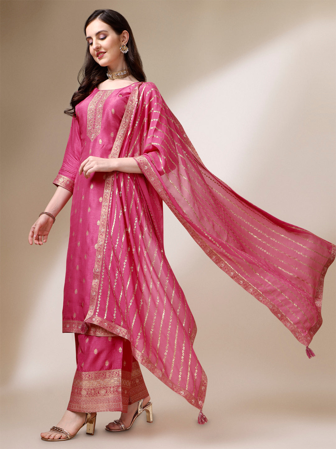 Pink Jacquard Pallazo Suit Set Product vendor