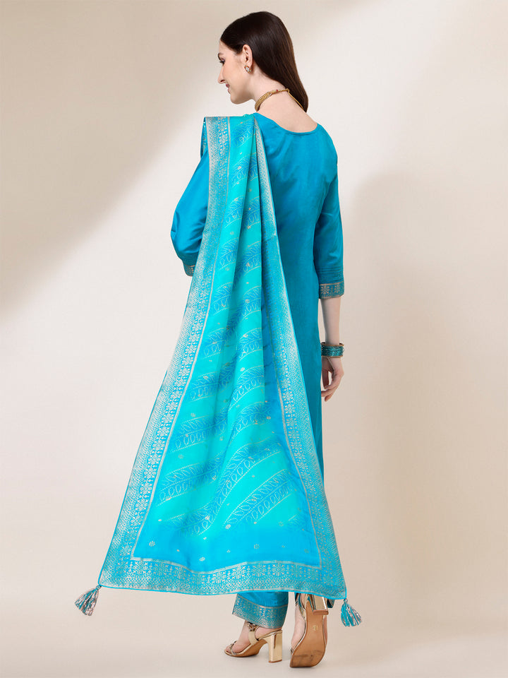 Turquoise Blue Jacquard Kurta Suit Set with Bandhani Printed Dupatta Product vendor