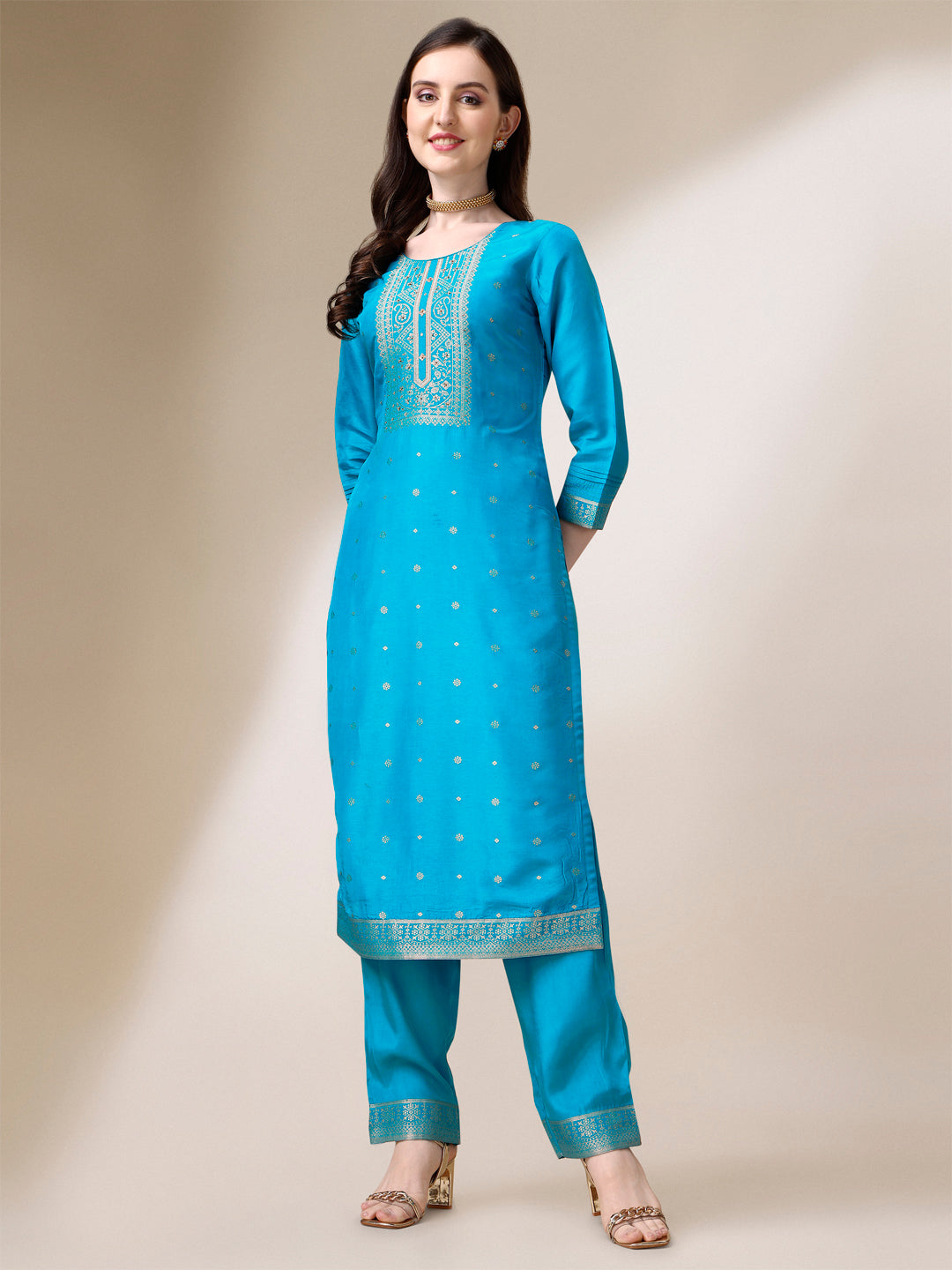 Turquoise Blue Jacquard Kurta Suit Set with Bandhani Printed Dupatta Product vendor