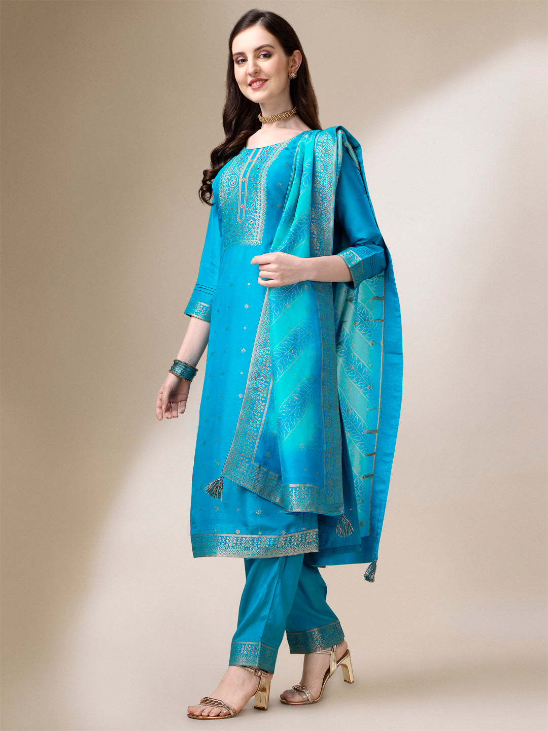 Turquoise Blue Jacquard Kurta Suit Set with Bandhani Printed Dupatta Product vendor