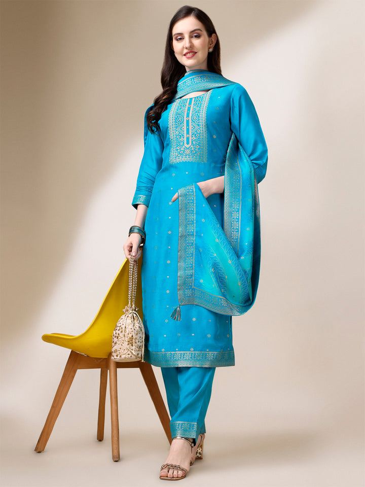 Turquoise Blue Jacquard Kurta Suit Set with Bandhani Printed Dupatta Product vendor