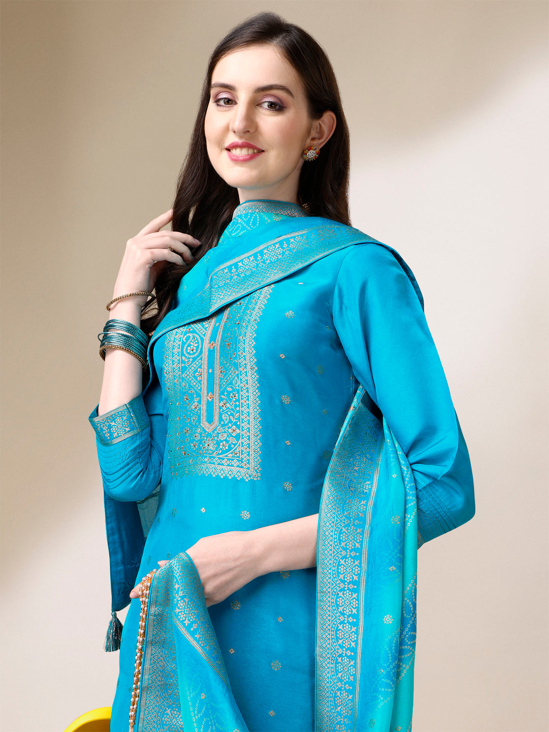 Turquoise Blue Jacquard Kurta Suit Set with Bandhani Printed Dupatta Product vendor