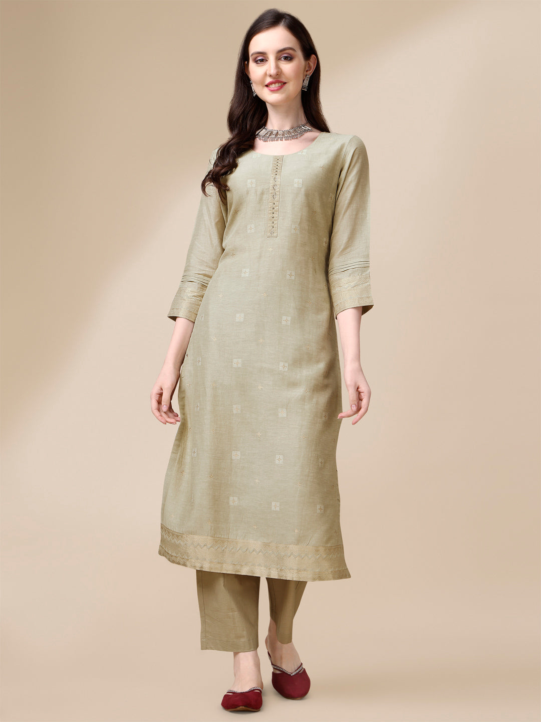 Beige Linen Jacquard Straight Kurta Suit Set Product vendor