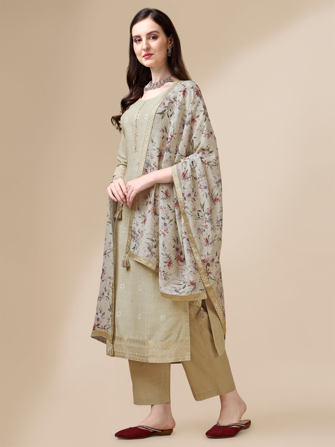 Beige Linen Jacquard Straight Kurta Suit Set Product vendor