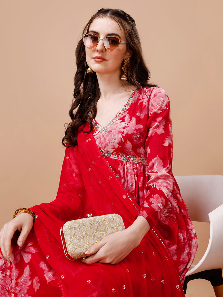 Red Printed Alia Cut Kurta Suit Set Product vendor