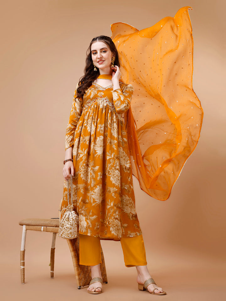 Mustard Yellow Printed Alia Cut Kurta Suit Set Product vendor