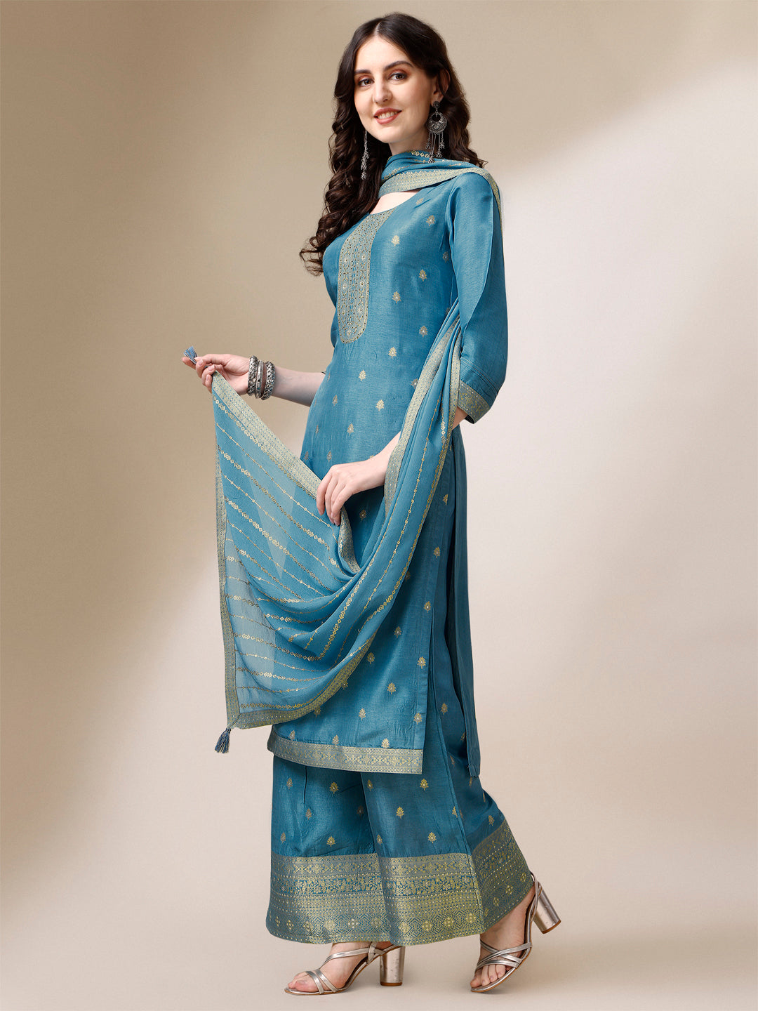 Teal Jacquard Pallazo Suit Set Product vendor