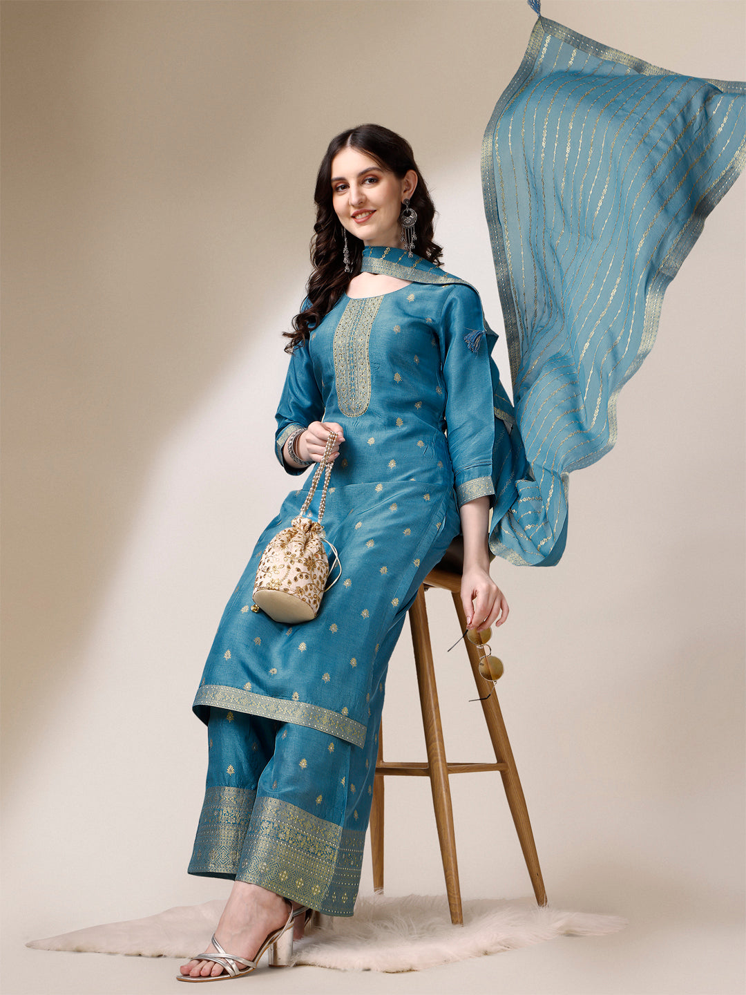 Teal Jacquard Pallazo Suit Set Product vendor