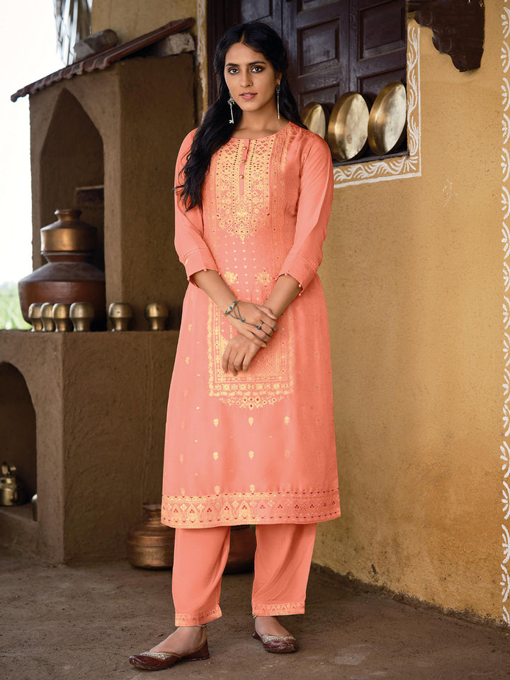 Peach Jacquard Bandhani Kurta Product vendor