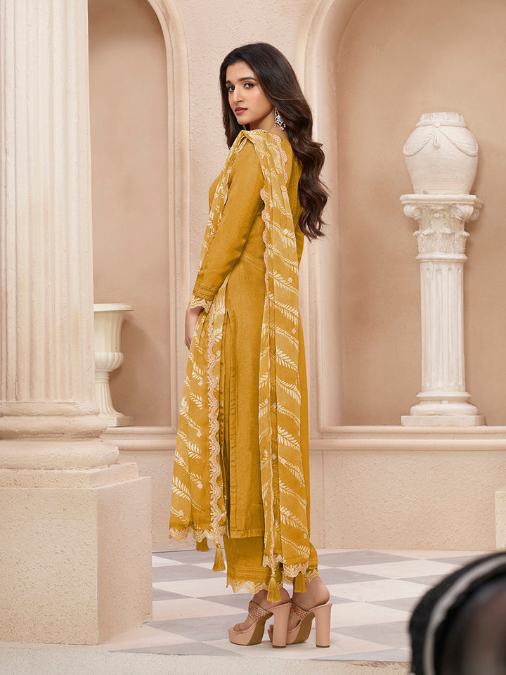 Yellow Cutwork Neckline Dola Silk Kurta Suit Set with Lehariya Print Dupatta