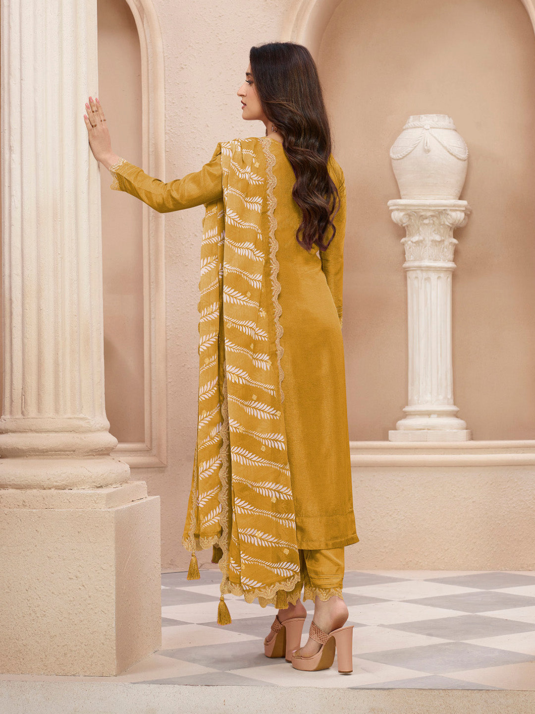 Yellow Cutwork Neckline Dola Silk Kurta Suit Set with Lehariya Print Dupatta