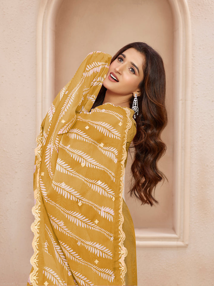 Yellow Cutwork Neckline Dola Silk Kurta Suit Set with Lehariya Print Dupatta