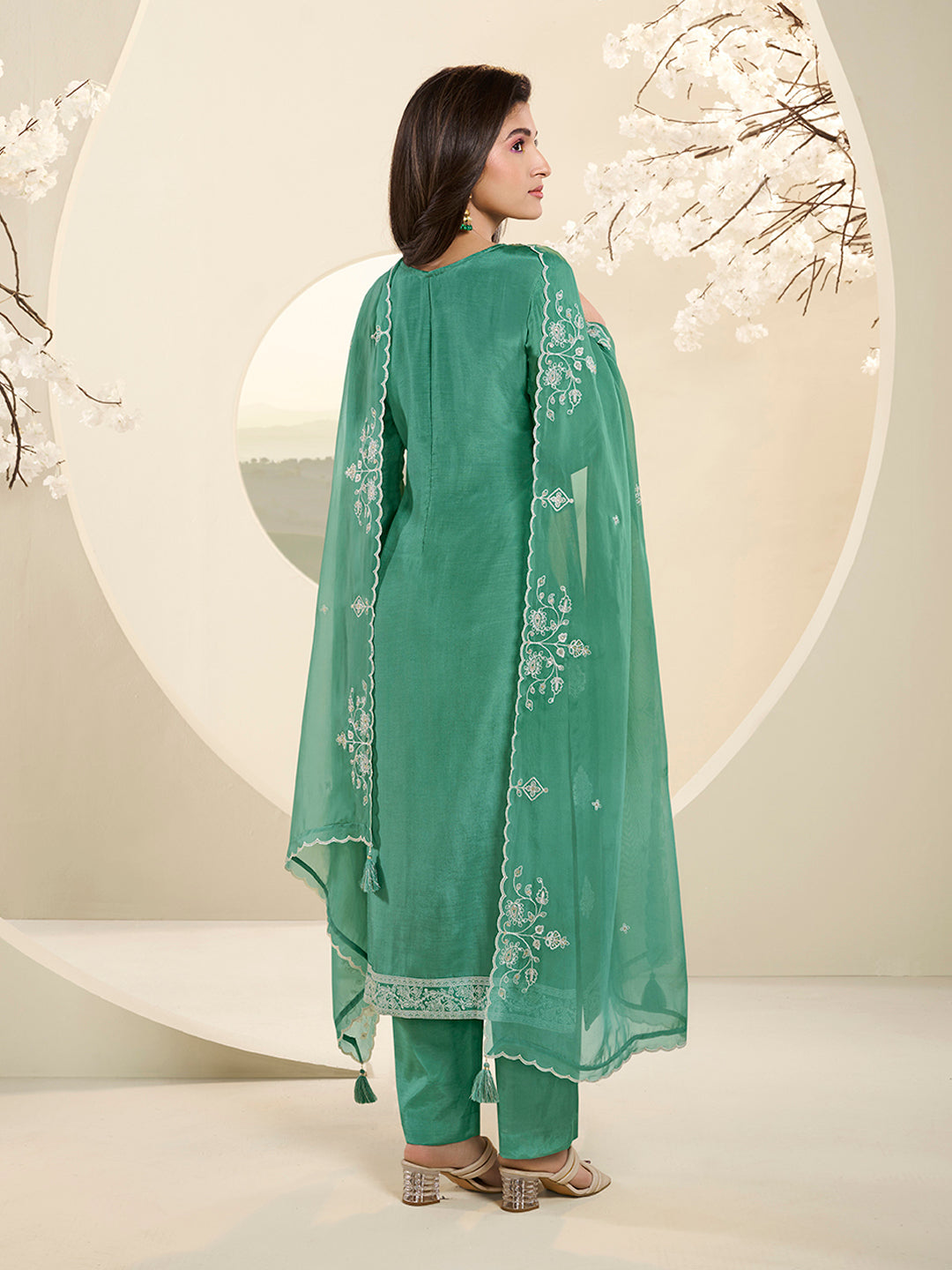 Green Muslin Jacquard Kurta Suit Set with HandCrafted Buttons Product vendor