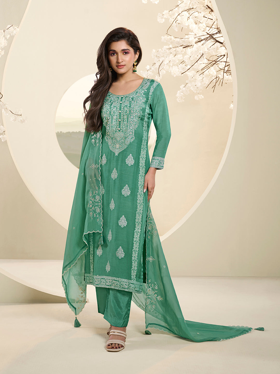 Green Muslin Jacquard Kurta Suit Set with HandCrafted Buttons Product vendor