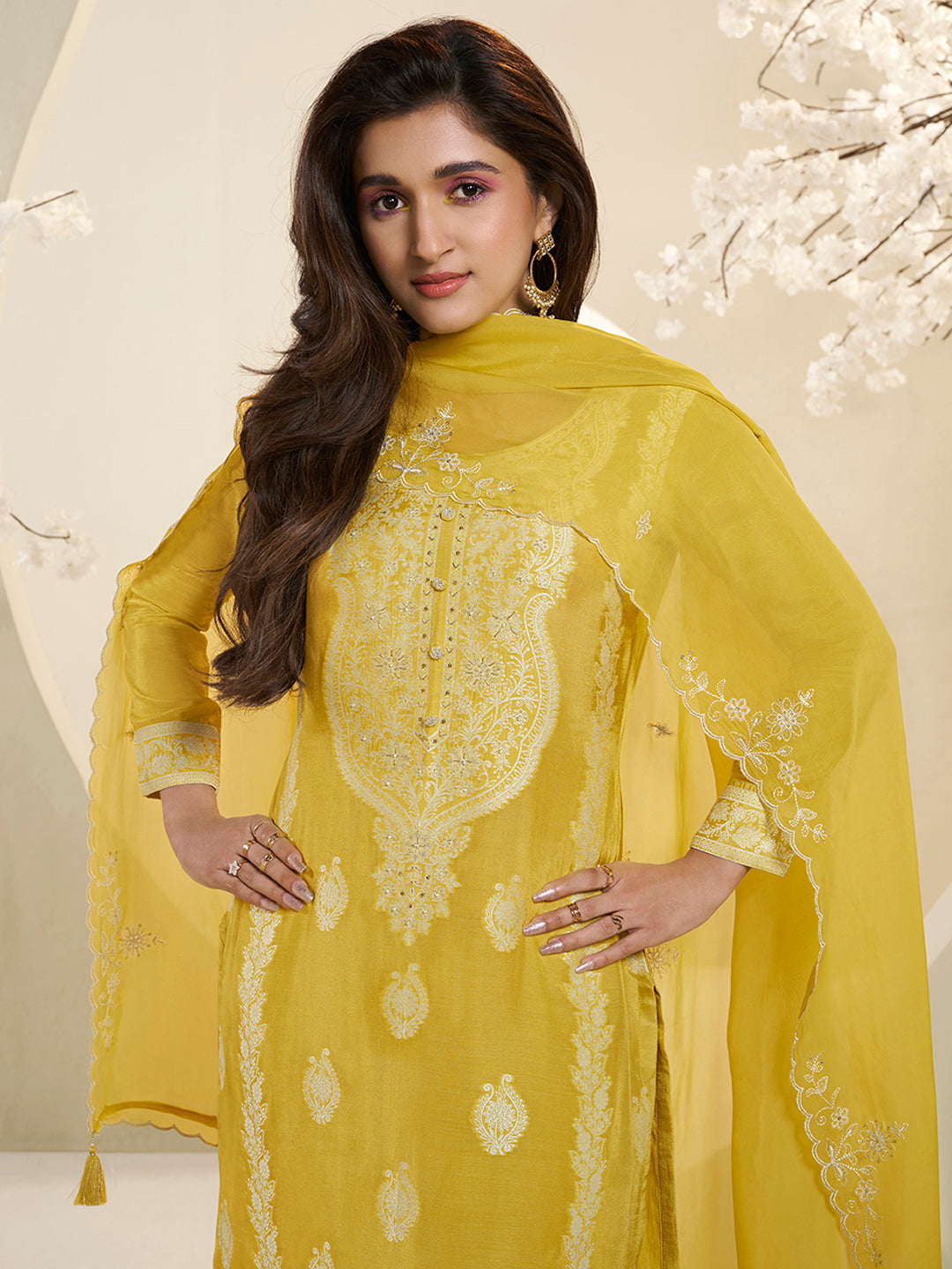 Yellow Muslin Jacquard Kurta Suit Set with HandCrafted Buttons Product vendor