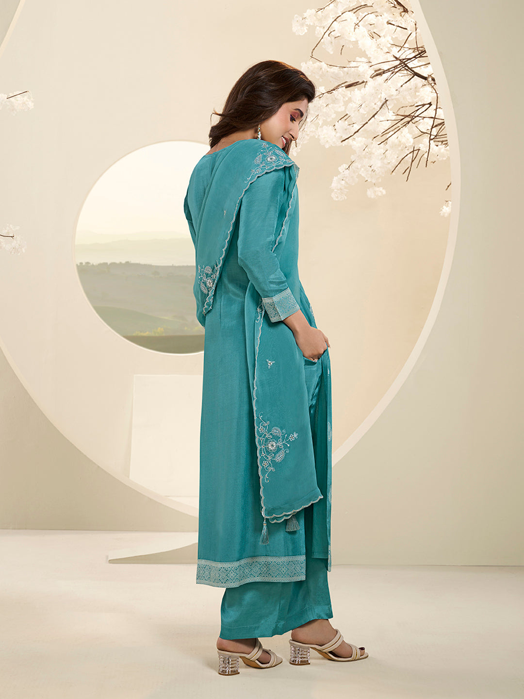 See Green Muslin Jacquard Kurta Suit Set with HandCrafted Buttons Product vendor