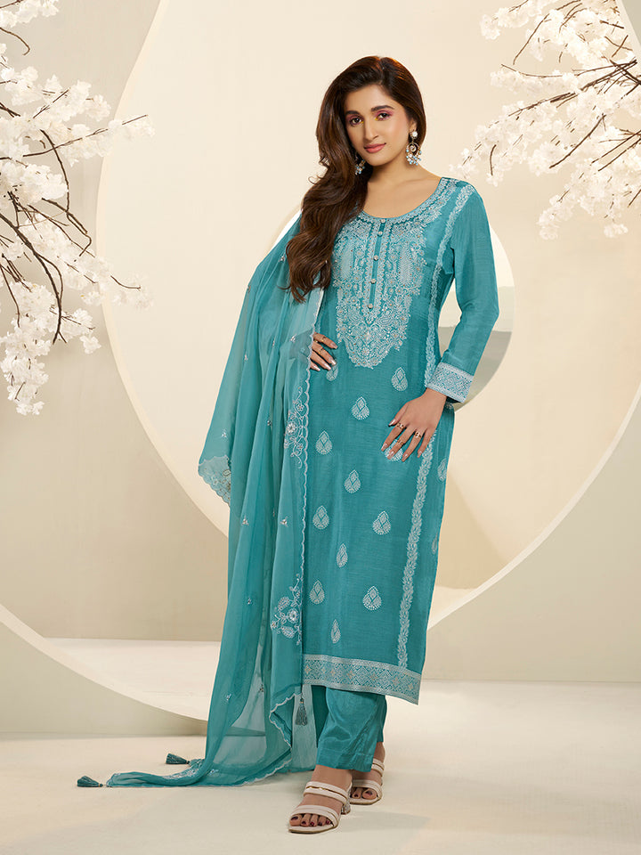 See Green Muslin Jacquard Kurta Suit Set with HandCrafted Buttons Product vendor