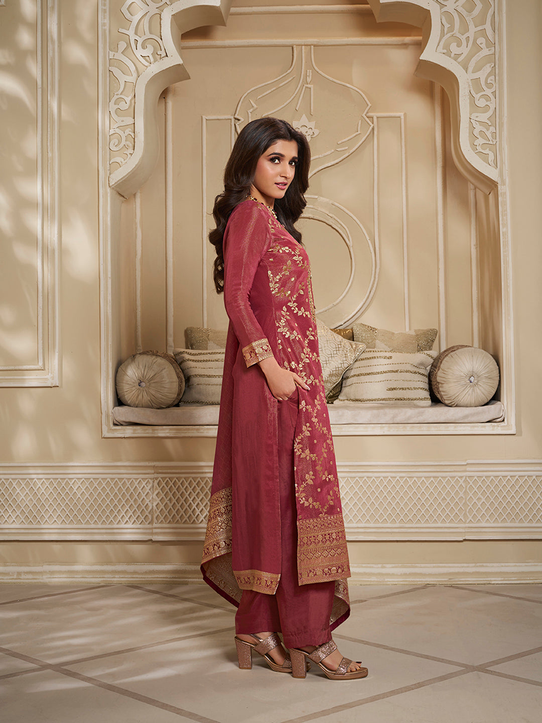 Red Tissue Jacquard Kurta Suit Set with Jaal Pattern & Hand made Buttons Product vendor