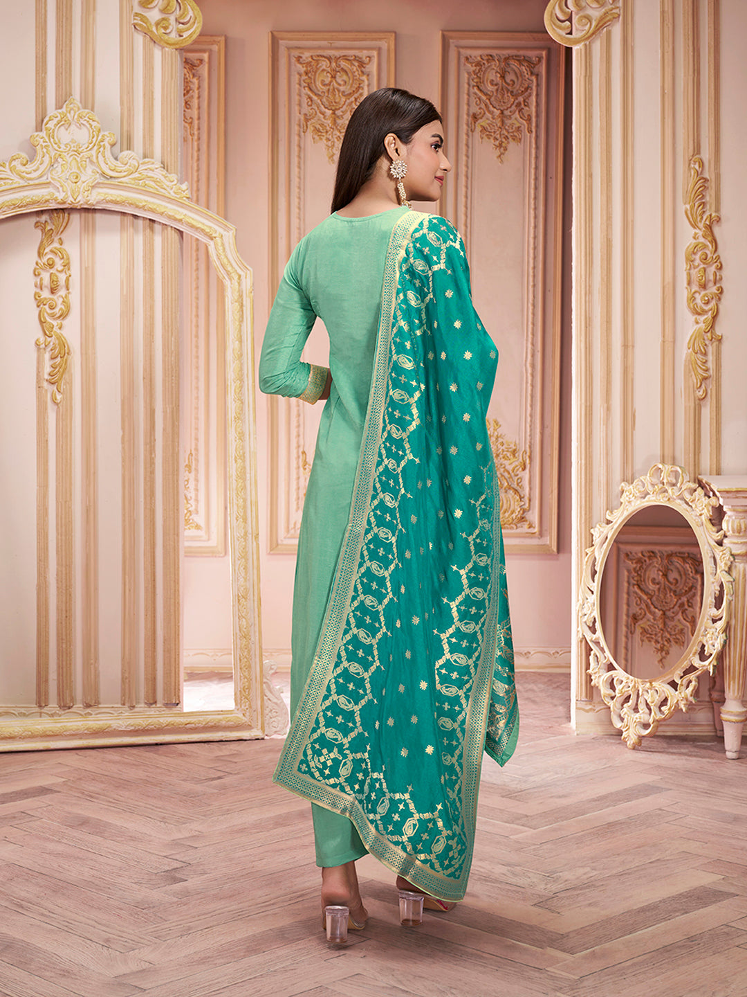 Sea Green Meena Keri Design Jacquard Kurta Suit Set Product vendor