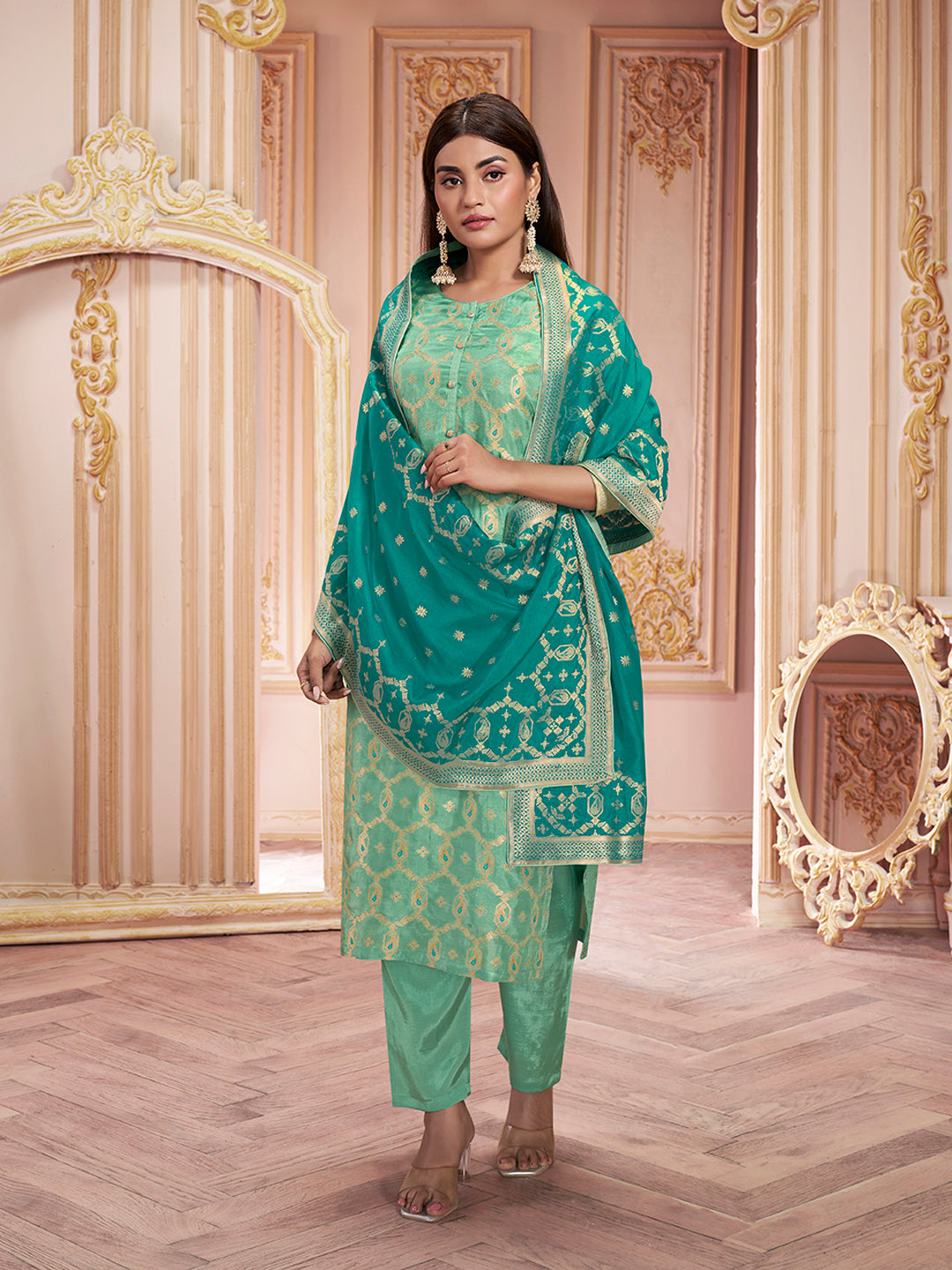 Sea Green Meena Keri Design Jacquard Kurta Suit Set Product vendor