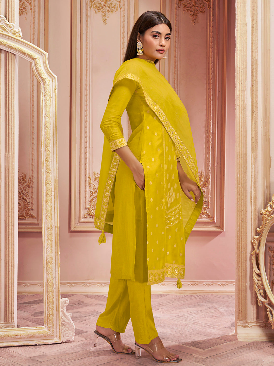 Yellow Panel Jacquard Kurta Suit Set Product vendor