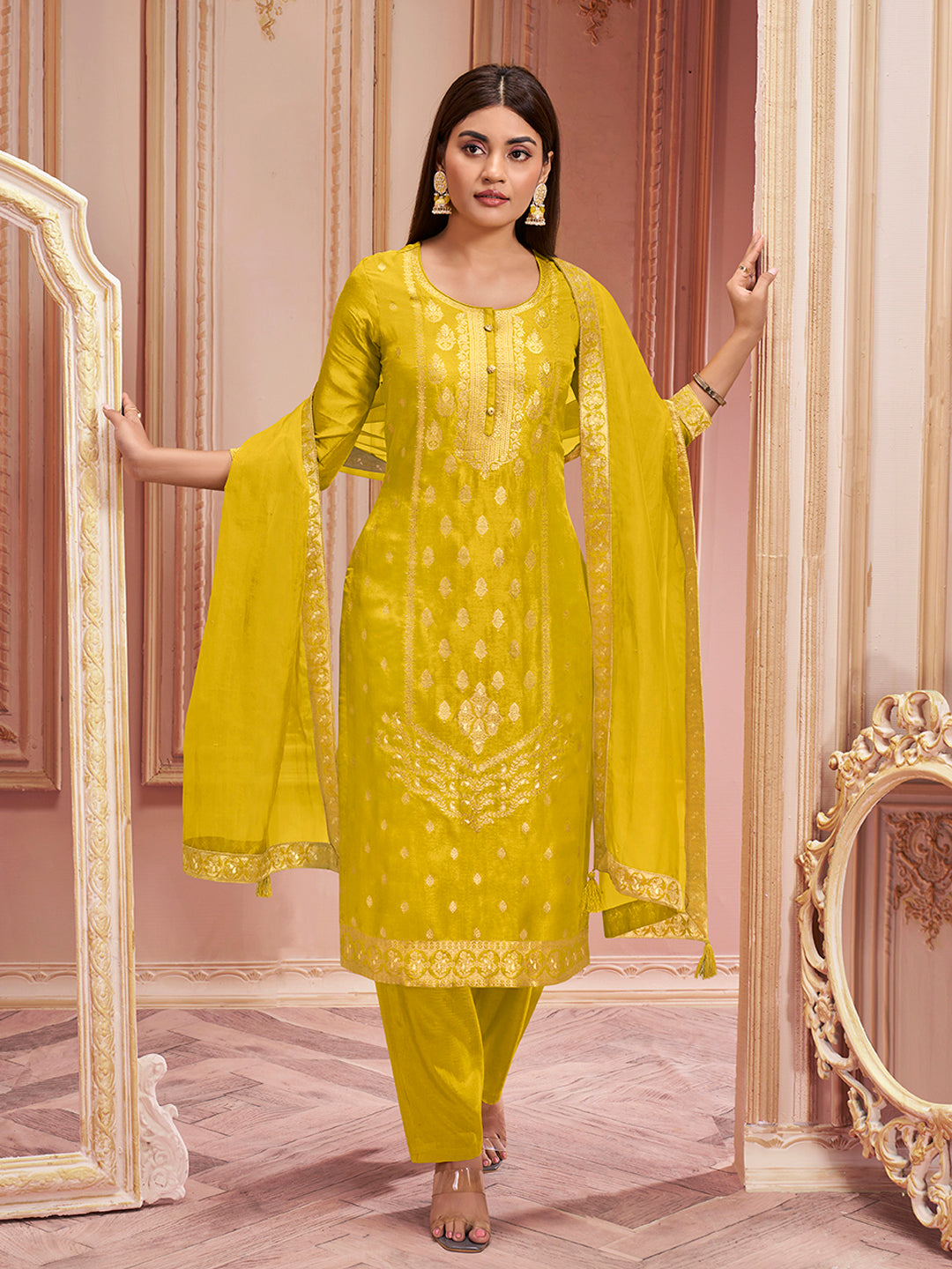 Yellow Panel Jacquard Kurta Suit Set Product vendor