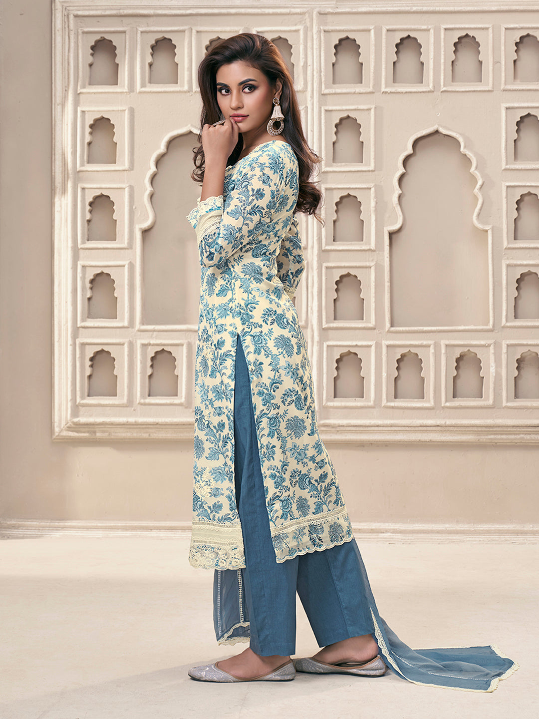 Blue Organza Fabric with Floral Printed and Thread Embroidery work Kurta Suit set