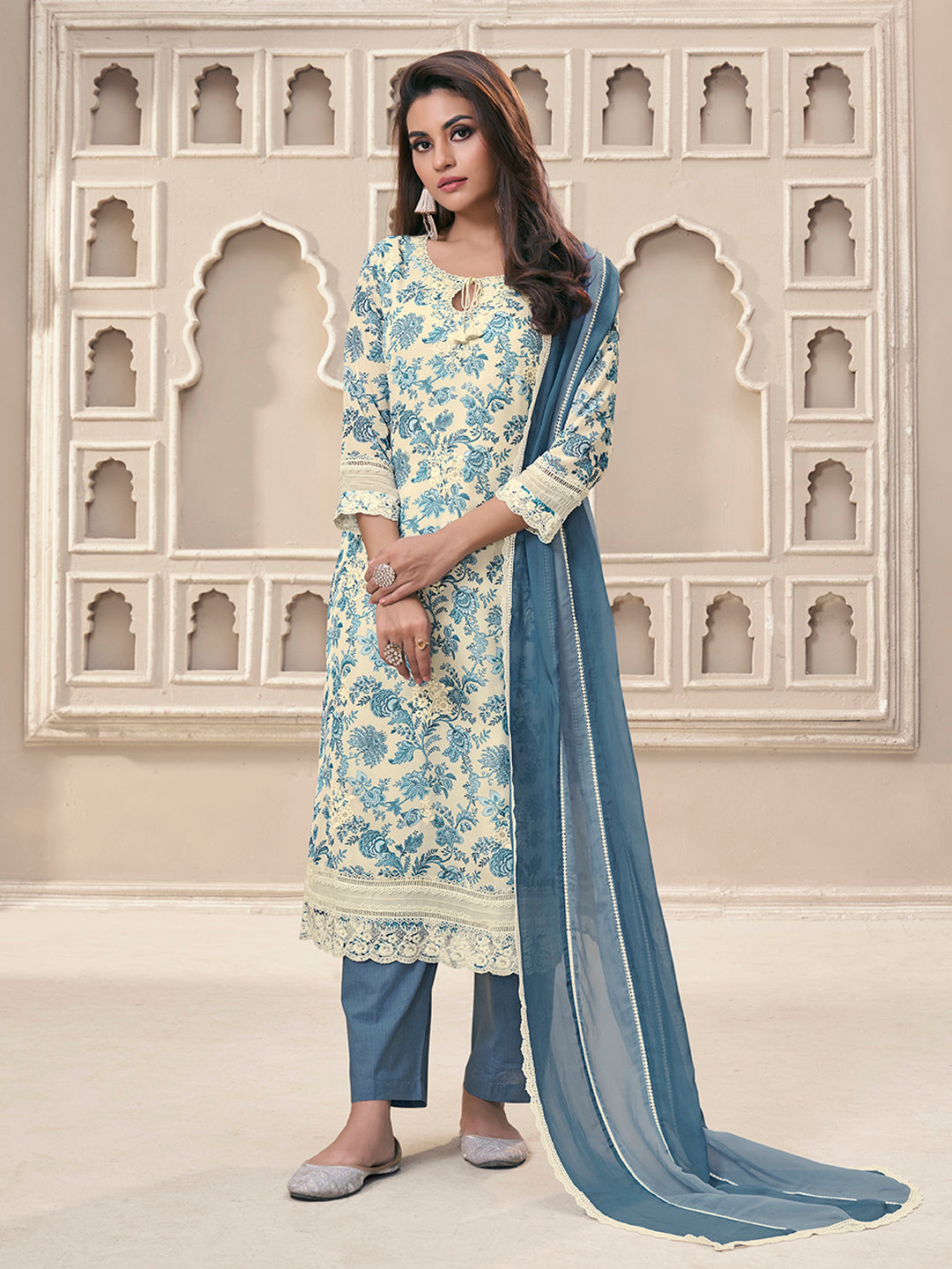 Blue Organza Fabric with Floral Printed and Thread Embroidery work Kurta Suit set