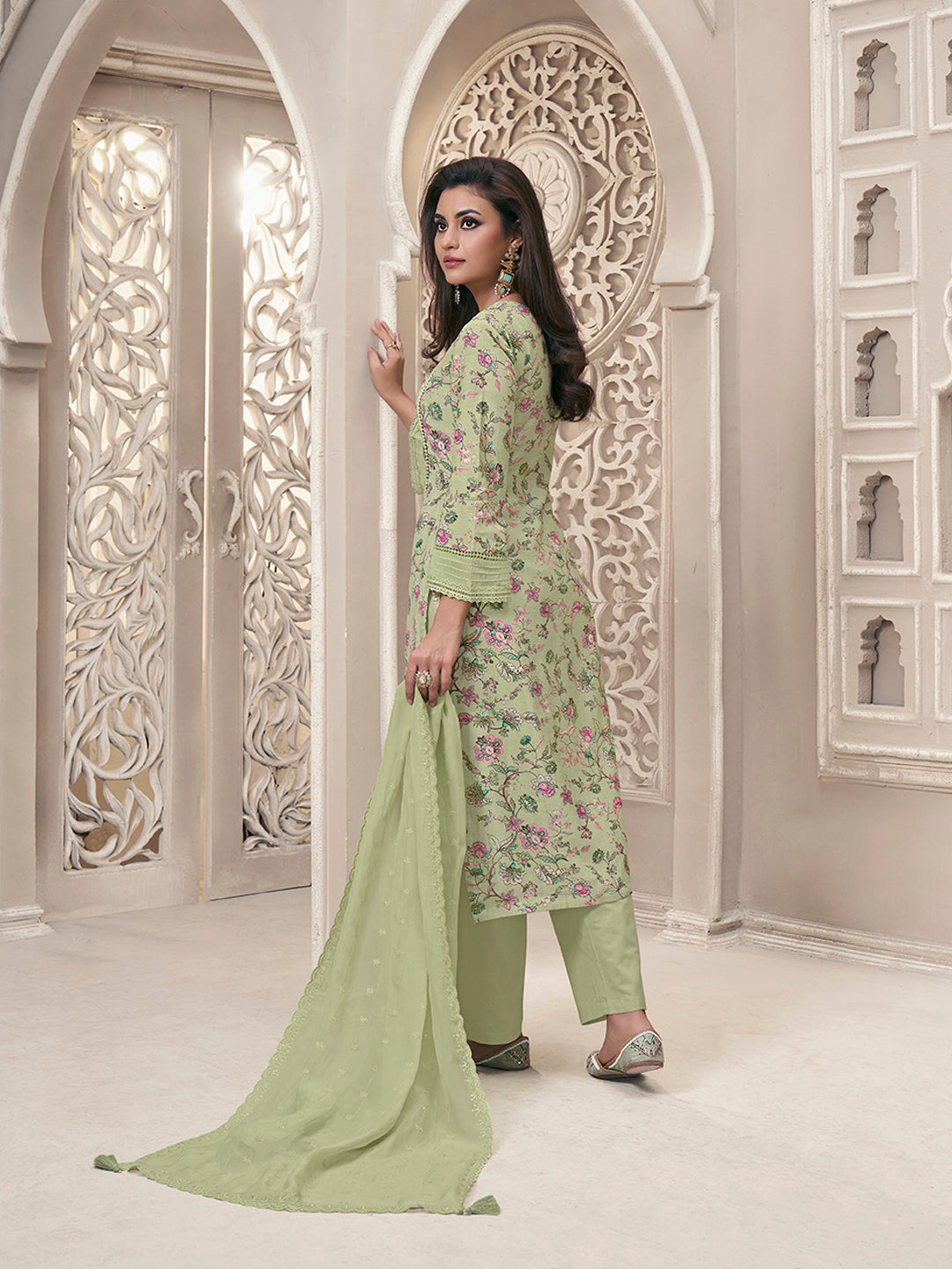 Pista Green Linen Fabric with Floral Printed and Shiffli work Kurta Suit Set Product vendor