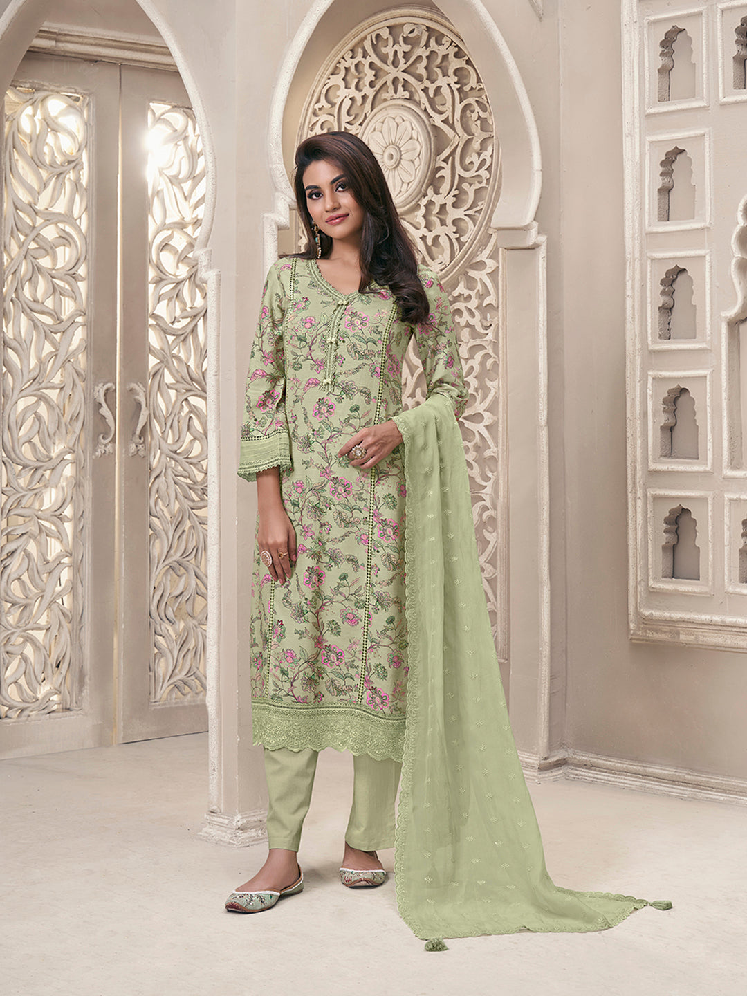 Pista Green Linen Fabric with Floral Printed and Shiffli work Kurta Suit Set Product vendor