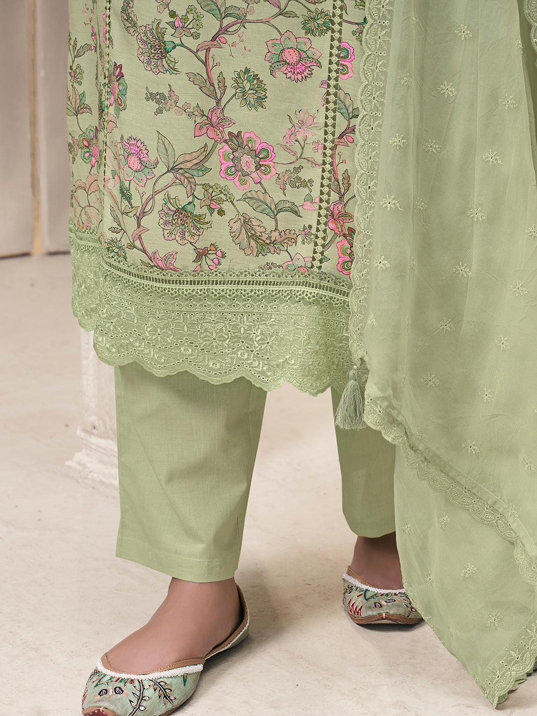 Pista Green Linen Fabric with Floral Printed and Shiffli work Kurta Suit Set Product vendor