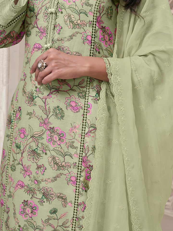 Pista Green Linen Fabric with Floral Printed and Shiffli work Kurta Suit Set Product vendor