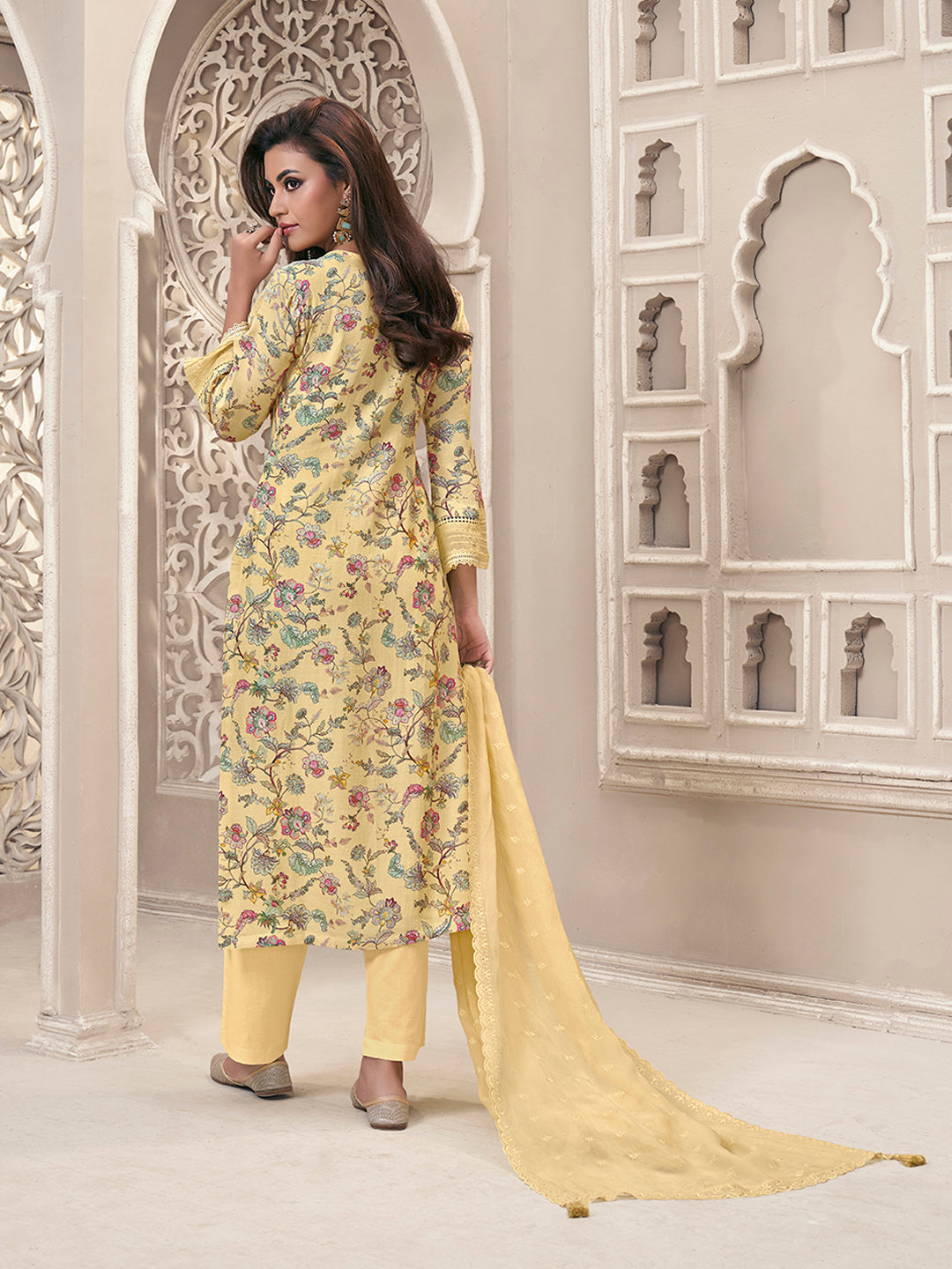 Yellow Linen Fabric with Floral Printed and Shiffli work Kurta Suit Set Product vendor