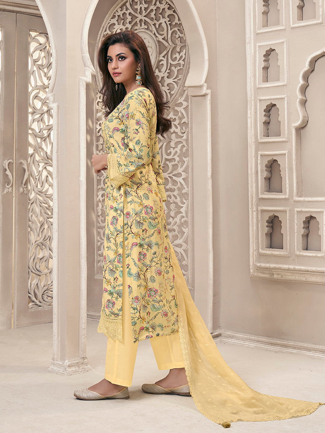 Yellow Linen Fabric with Floral Printed and Shiffli work Kurta Suit Set Product vendor