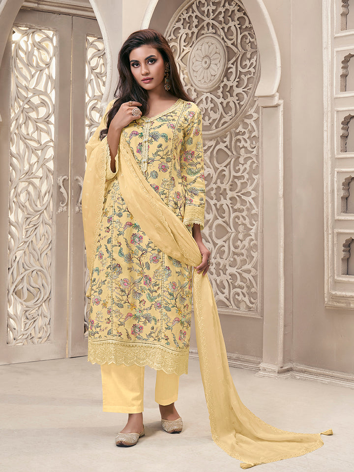 Yellow Linen Fabric with Floral Printed and Shiffli work Kurta Suit Set Product vendor