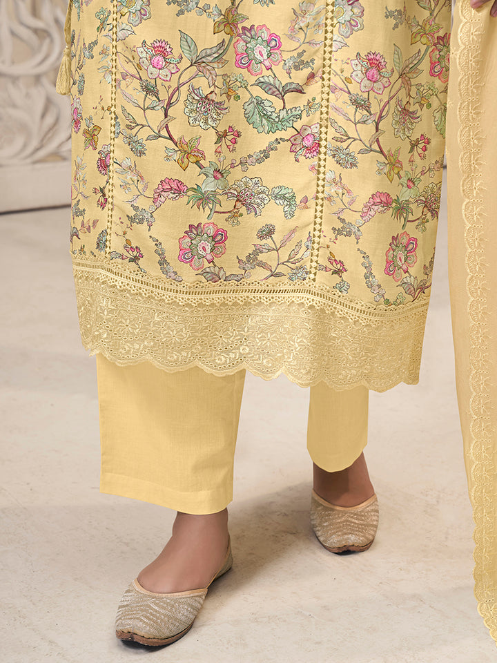 Yellow Linen Fabric with Floral Printed and Shiffli work Kurta Suit Set Product vendor