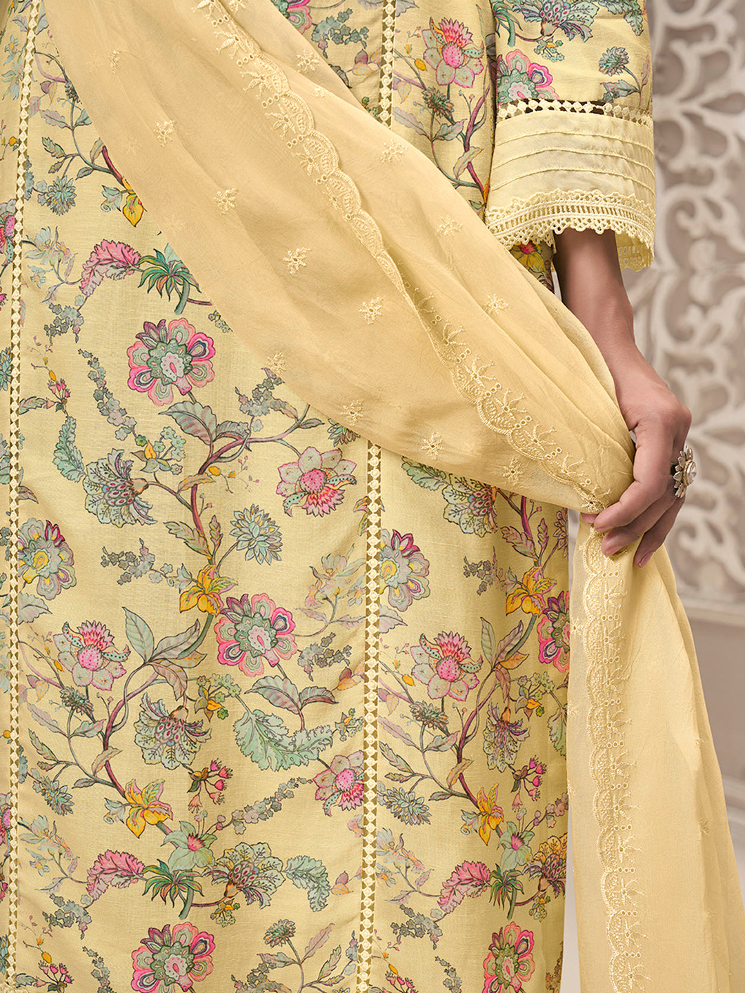 Yellow Linen Fabric with Floral Printed and Shiffli work Kurta Suit Set Product vendor