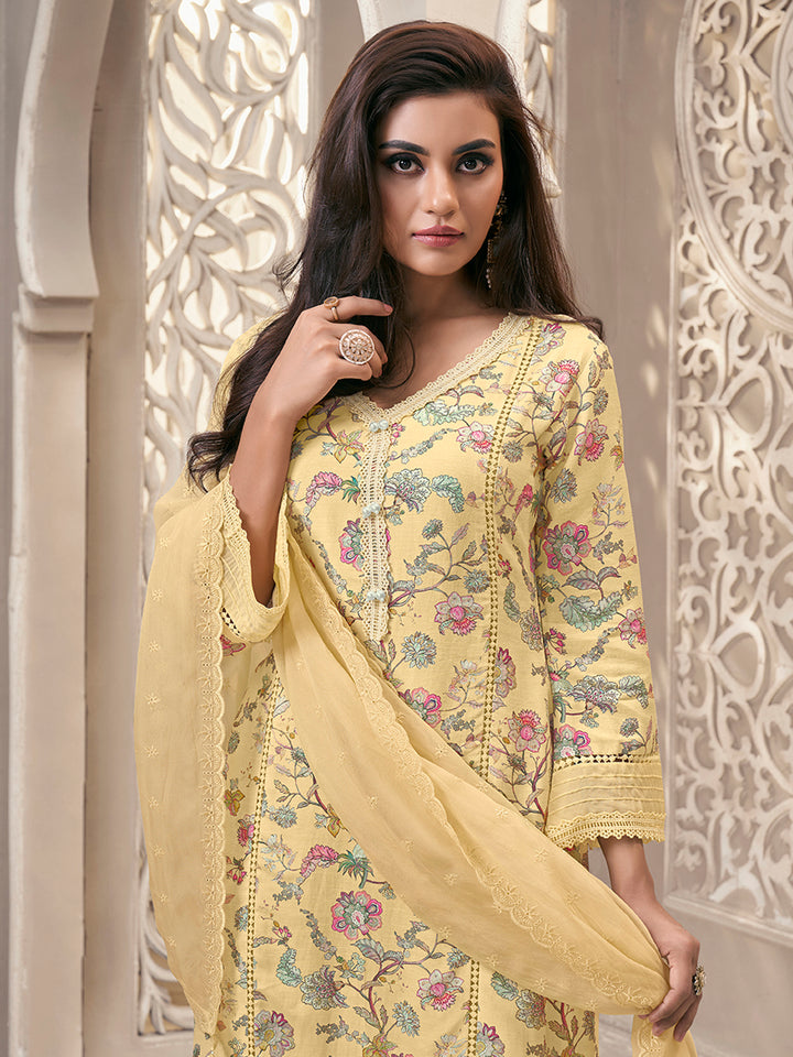 Yellow Linen Fabric with Floral Printed and Shiffli work Kurta Suit Set Product vendor