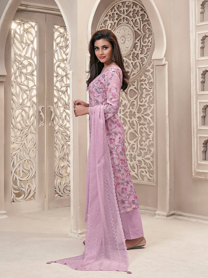 Baby Pink Linen Fabric with Floral Printed and Shiffli work Kurta Suit Set Product vendor