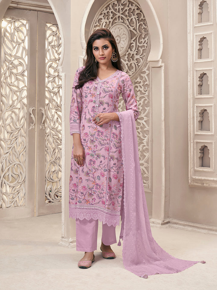 Baby Pink Linen Fabric with Floral Printed and Shiffli work Kurta Suit Set Product vendor