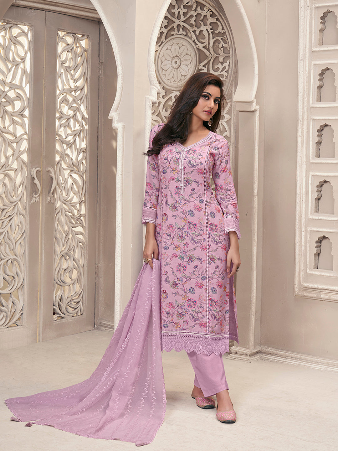 Baby Pink Linen Fabric with Floral Printed and Shiffli work Kurta Suit Set Product vendor