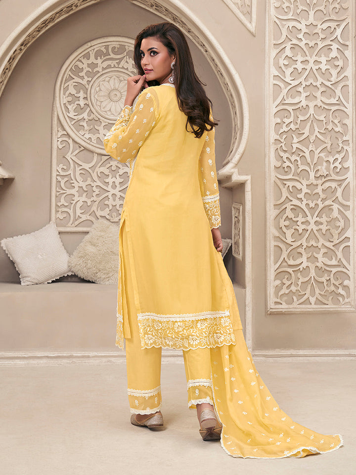 Yellow Organza Fabric with Shiffli work Kurta Suit Set Product vendor