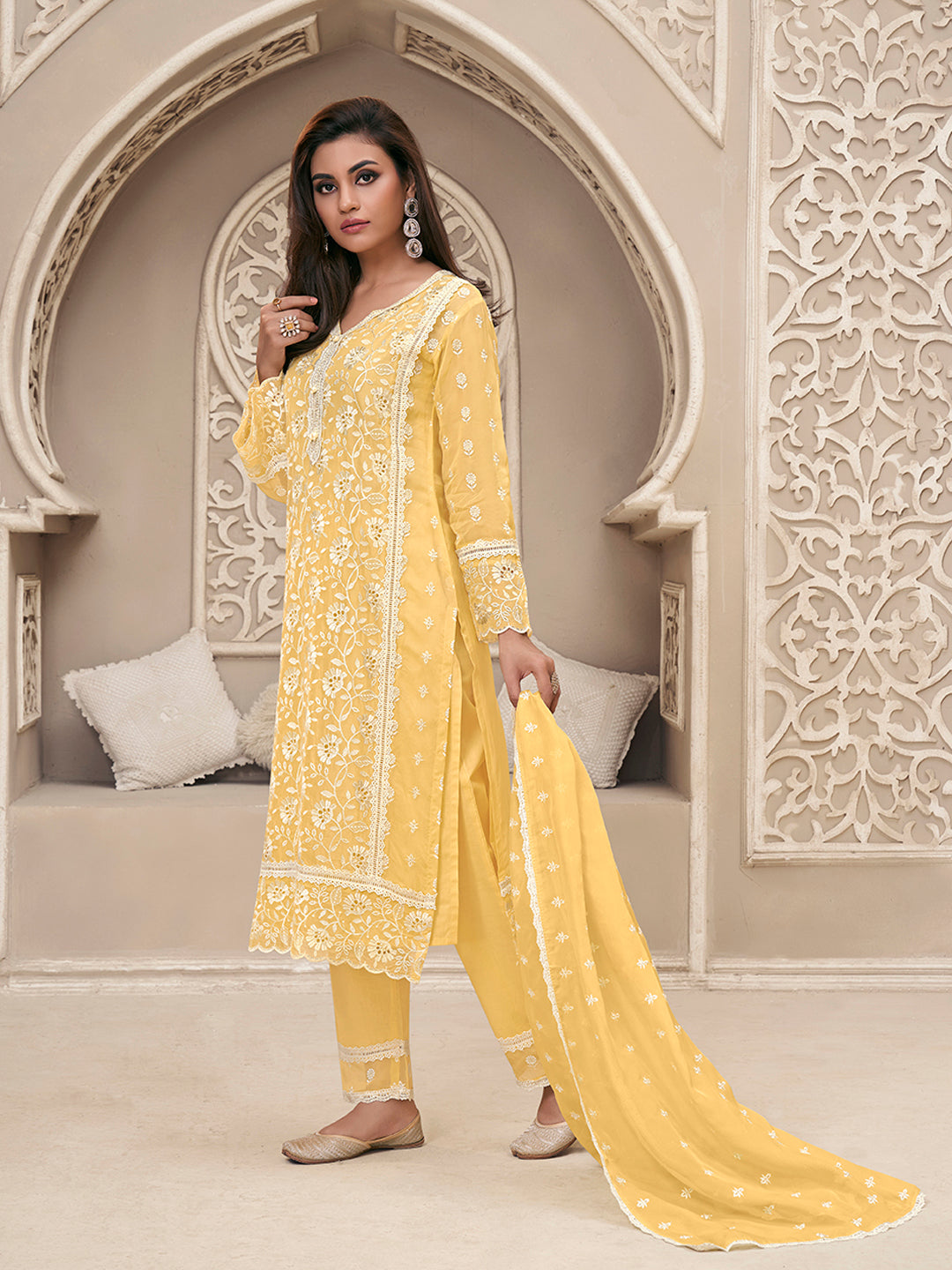 Yellow Organza Fabric with Shiffli work Kurta Suit Set Product vendor